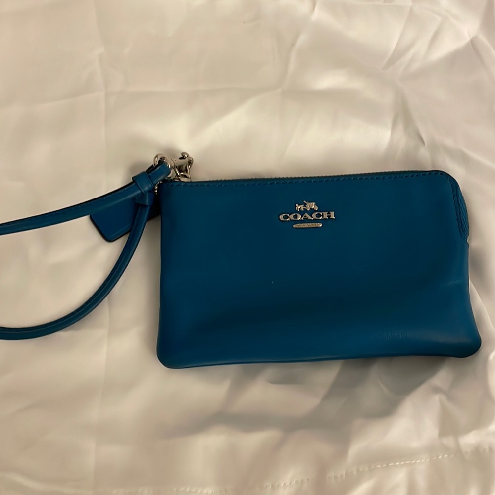 Coach Turquoise Leather Corner Zip Wristlet Wallet